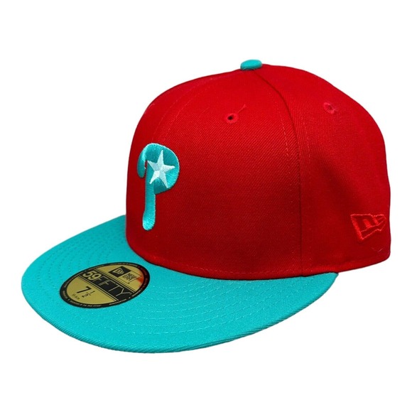 New Era Philadelphia Phillies 59FIFTY Red Teal Hat Club Cap Hat 7 1/2 - Picture 3 of 8
